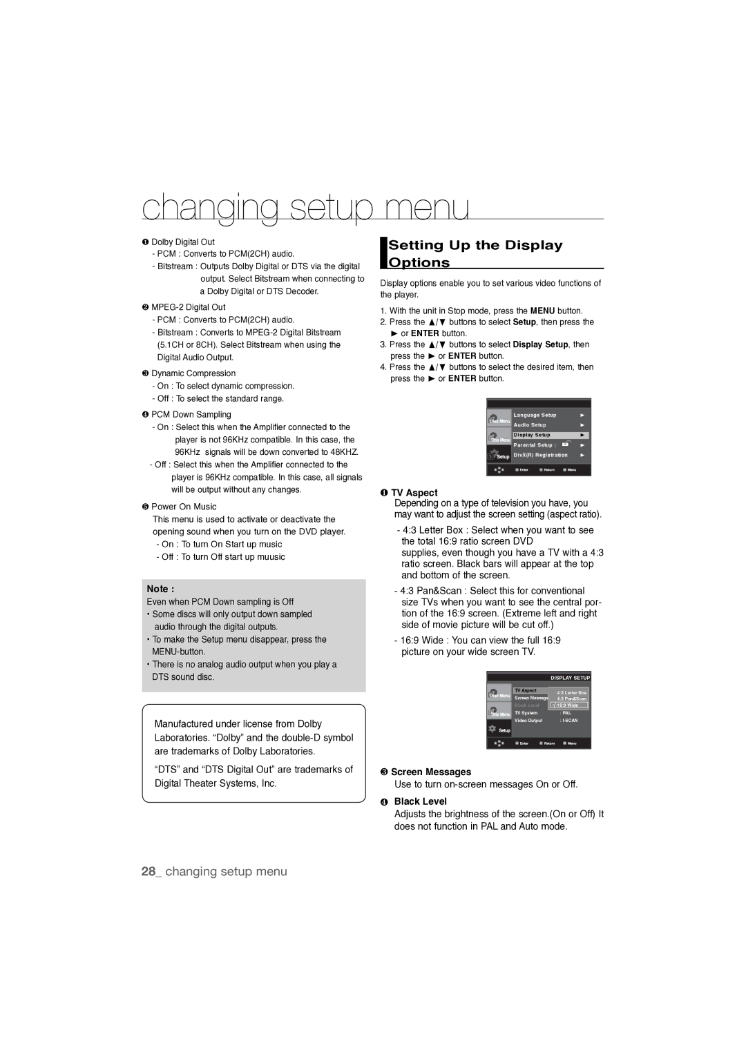 Samsung DVD-P390K, AK68-01808C user manual Setting Up the Display Options, ❶ TV Aspect, ❸ Screen Messages, ❹ Black Level 