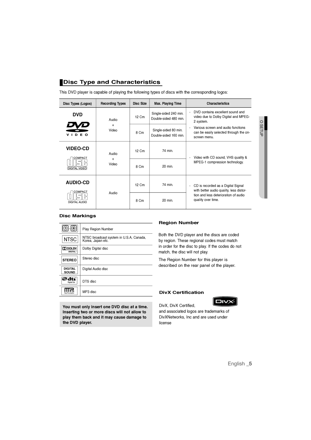 Samsung AK68-01808C, DVD-P390K user manual Disc Type and Characteristics, Disc Markings, DivX Certification 