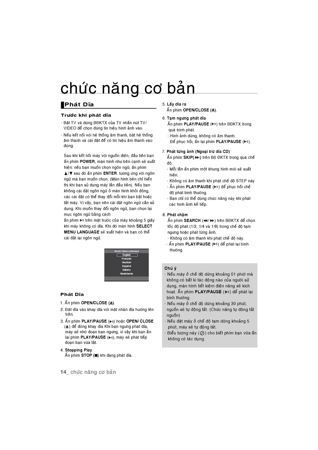 Samsung DVD-P390K/XSV manual Chöùc naêng cô baûn, Phaùt Dóa, 14 chöùc naêng cô baûn 