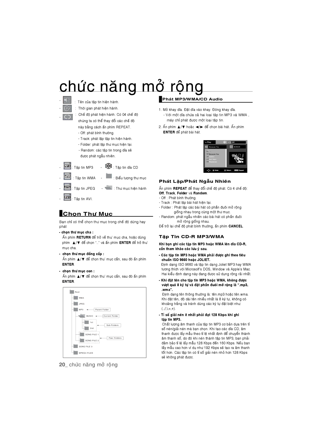 Samsung DVD-P390K/XSV manual Choïn Thö Muïc, 20 chöùc naêng môû roäng, Phaùt Laëp/Phaùt Ngaãu Nhieân, Taäp Tin CD-R MP3/WMA 