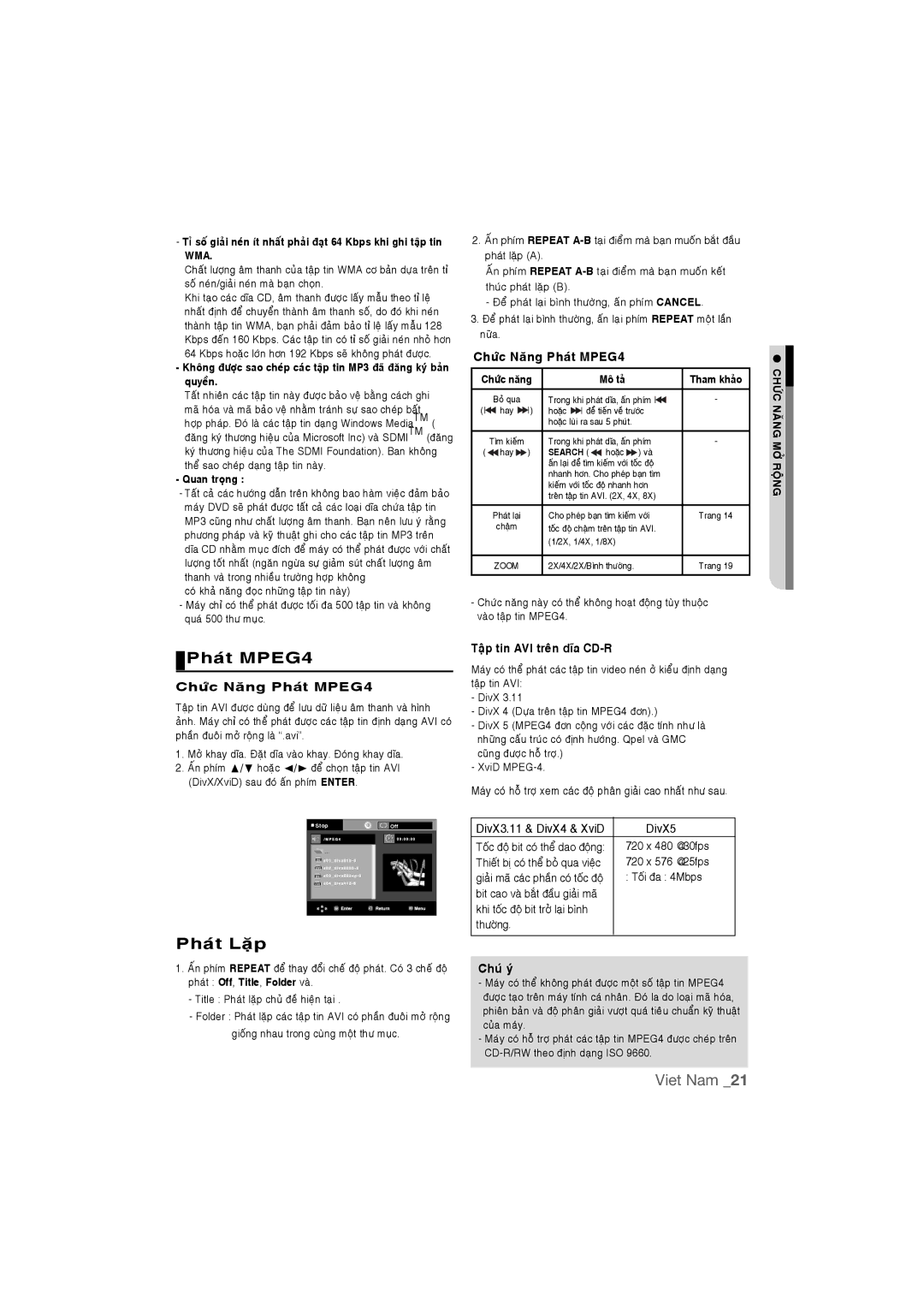 Samsung DVD-P390K/XSV manual Chöùc Naêng Phaùt MPEG4, Taäp tin AVI treân dóa CD-R, Quan troïng, Moâ taû 