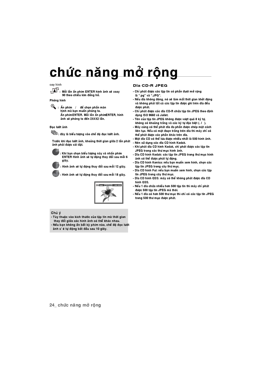 Samsung DVD-P390K/XSV manual 24 chöùc naêng môû roäng, Dóa CD-R Jpeg, Xoay hình, Phoùng hình, Ñoïc löôùt aûnh 