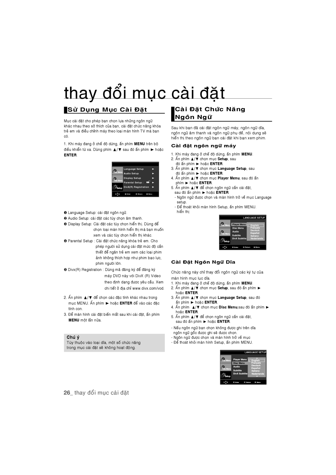 Samsung DVD-P390K/XSV manual Thay ñoåi muïc caøi ñaët, Söû Duïng Muïc Caøi Ñaët, Caøi Ñaët Chöùc Naêng Ngoân Ngöõ 