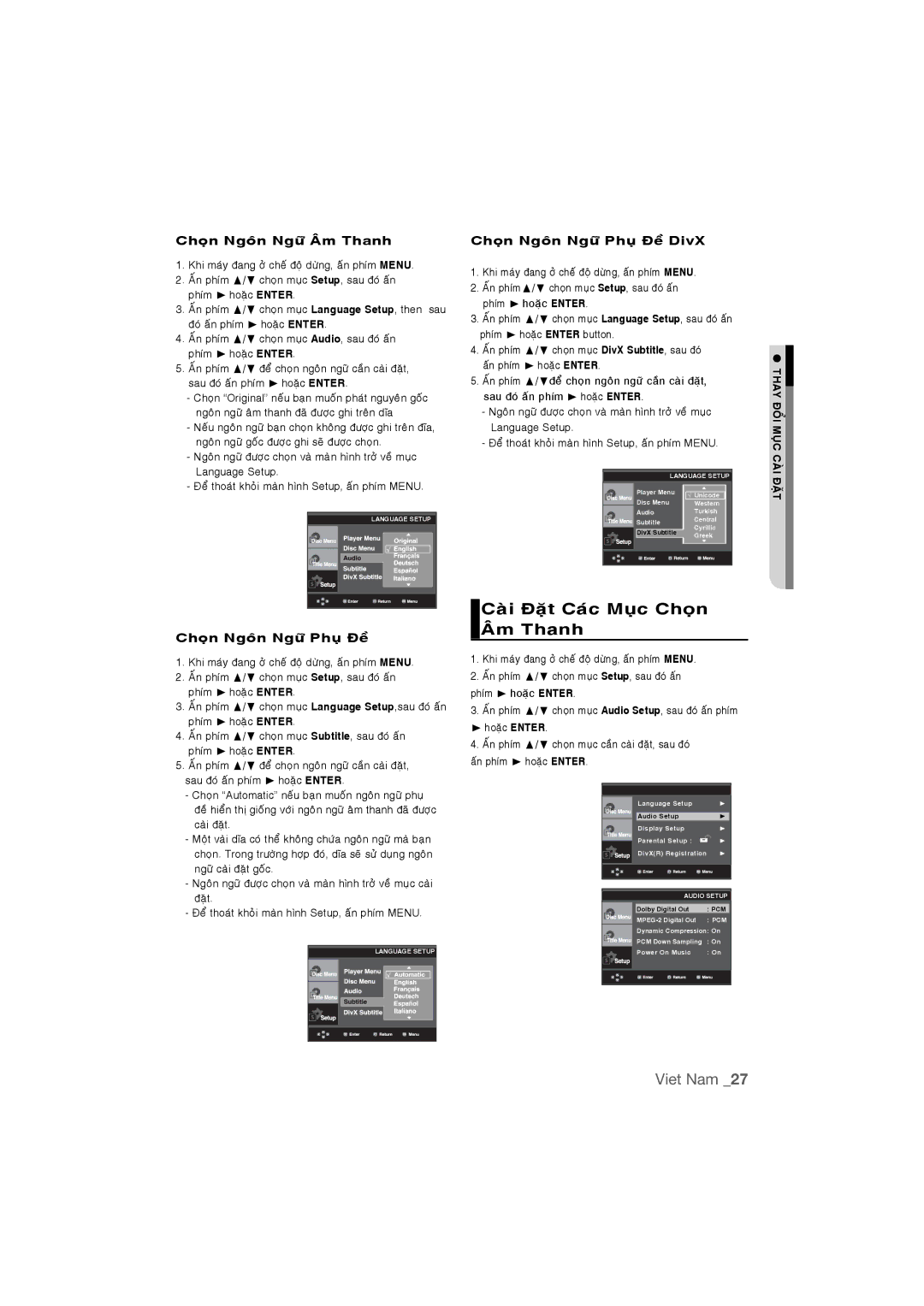 Samsung DVD-P390K/XSV manual Caøi Ñaët Caùc Muïc Choïn AÂm Thanh, Choïn Ngoân Ngöõ AÂm Thanh, Choïn Ngoân Ngöõ Phuï Ñeà 