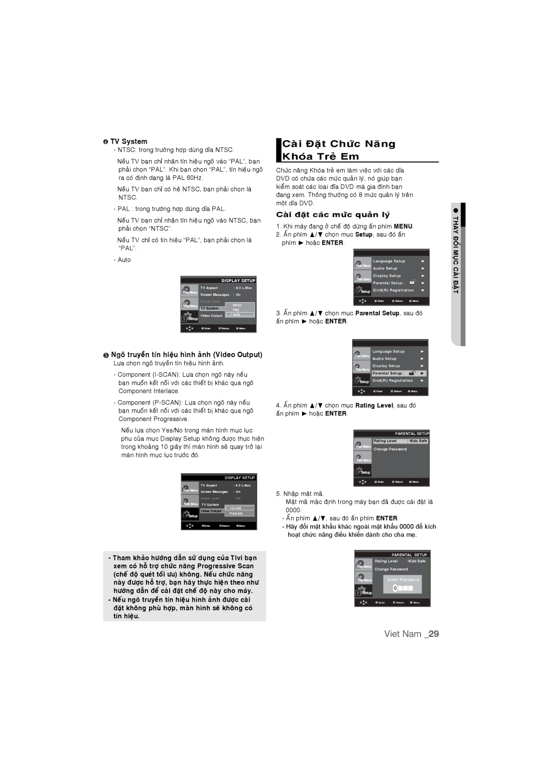 Samsung DVD-P390K/XSV manual Caøi Ñaët Chöùc Naêng Khoùa Treû Em, ❹ TV System, Caøi ñaët caùc möùc quaûn lyù 