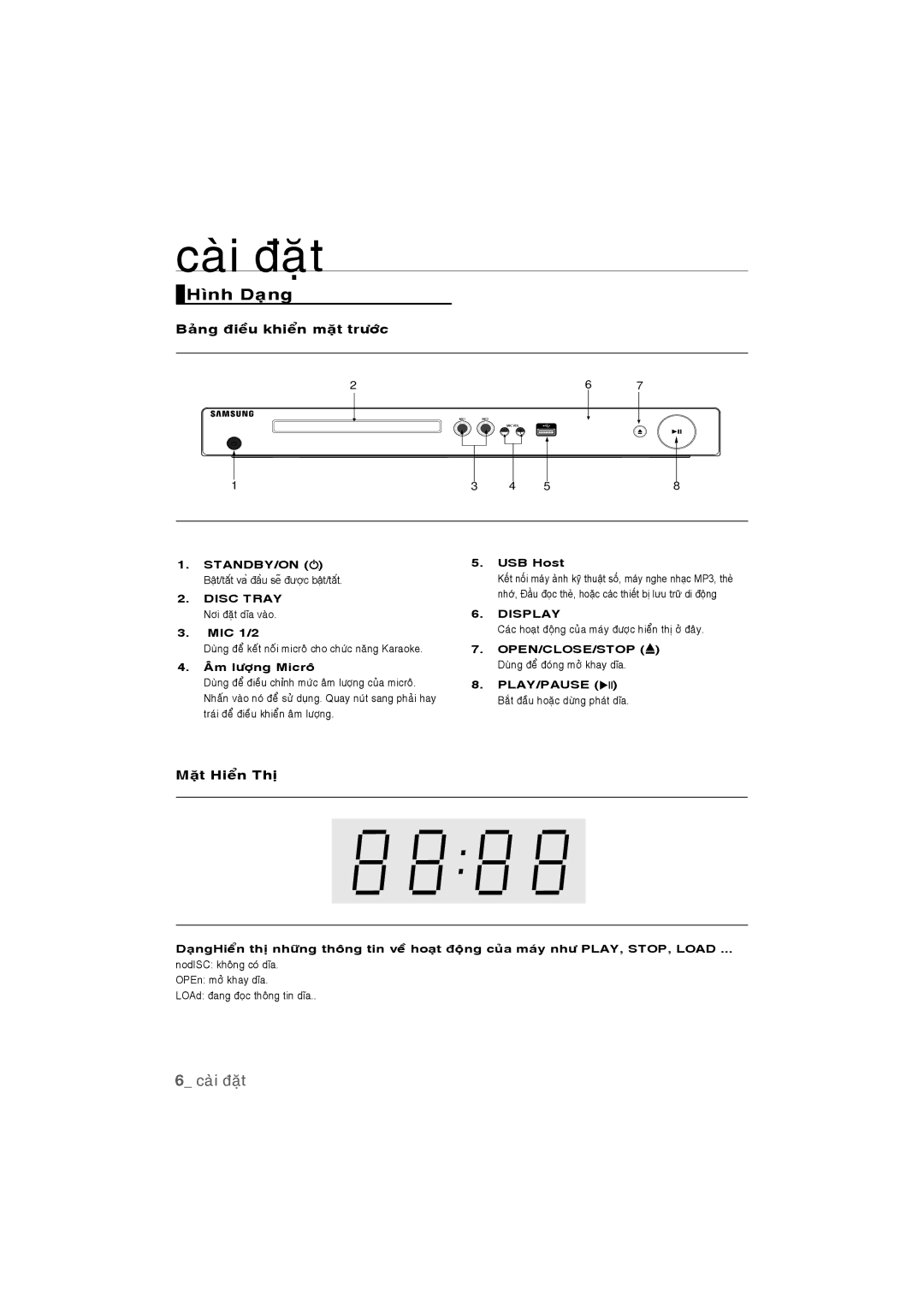 Samsung DVD-P390K/XSV manual Hình Daïng, Baûng ñieàu khieån maët tröôùc, Maët Hieån Thò, Display 