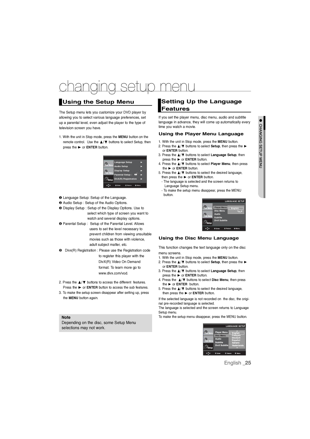 Samsung DVD-P390/MEA, DVD-P390/XEC manual Changing setup menu, Using the Setup Menu, Setting Up the Language Features 