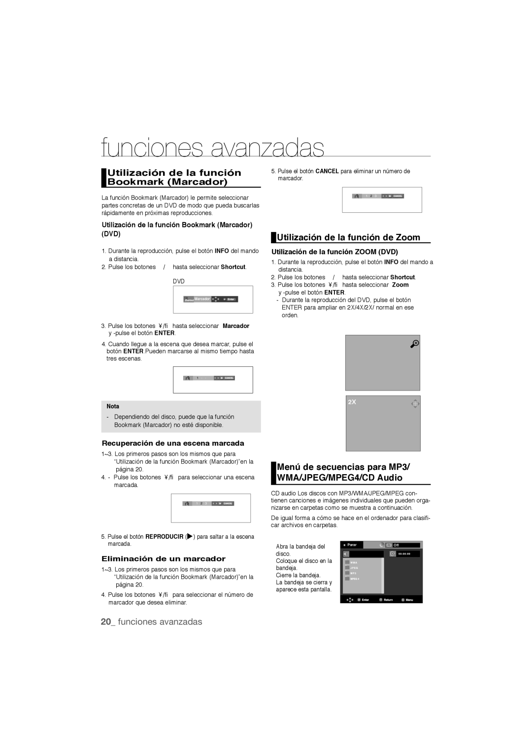 Samsung DVD-P390/XEC Funciones avanzadas, Utilización de la función Bookmark Marcador, Utilización de la función de Zoom 