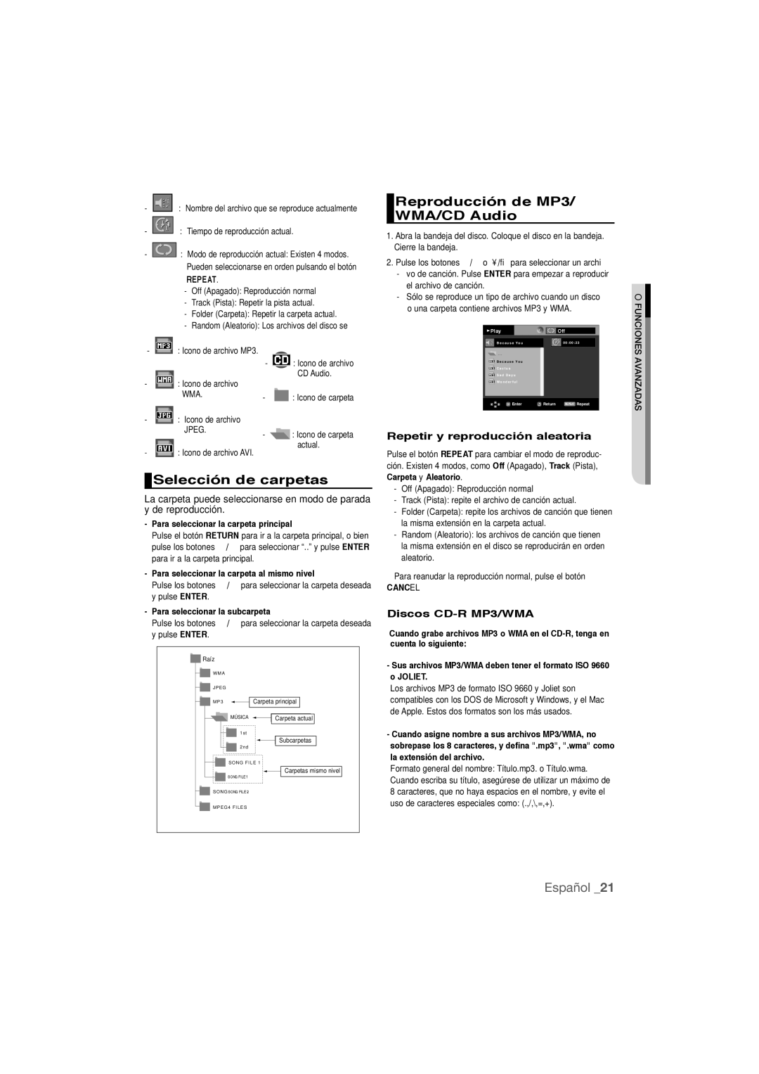 Samsung DVD-P390/MEA manual Reproducción de MP3, WMA/CD Audio, Selección de carpetas, Repetir y reproducción aleatoria 