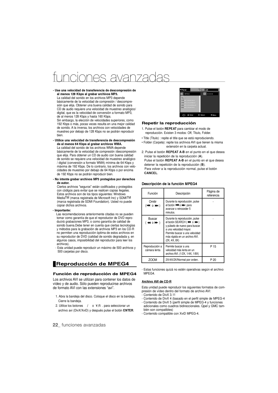 Samsung DVD-P390/XEC, DVD-P390/MEA manual Reproducción de MPEG4, Función de reproducción de MPEG4, Repetir la reproducción 