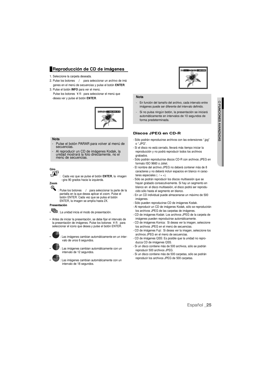 Samsung DVD-P390/MEA, DVD-P390/XEC manual Reproducción de CD de imágenes, Discos Jpeg en CD-R, Giro, Zoom, Presentación 