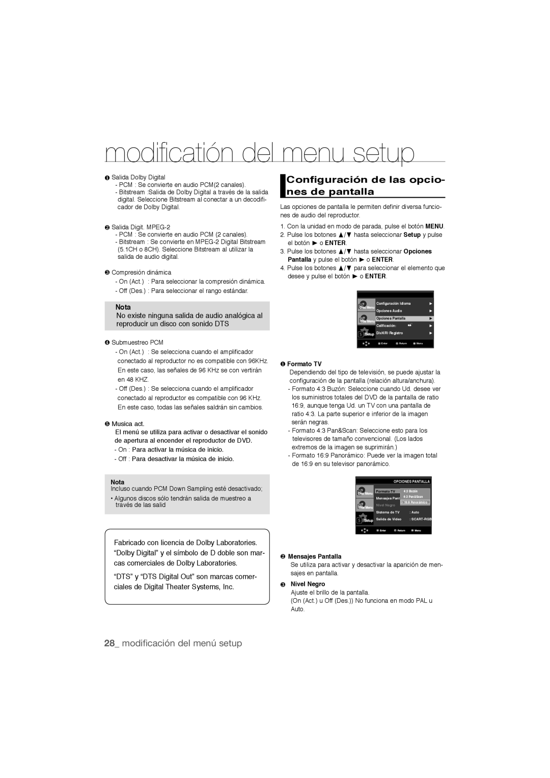 Samsung DVD-P390/XEC manual Configuración de las opcio- nes de pantalla, ❺ Musica act, ❶ Formato TV, ❷ Mensajes Pantalla 