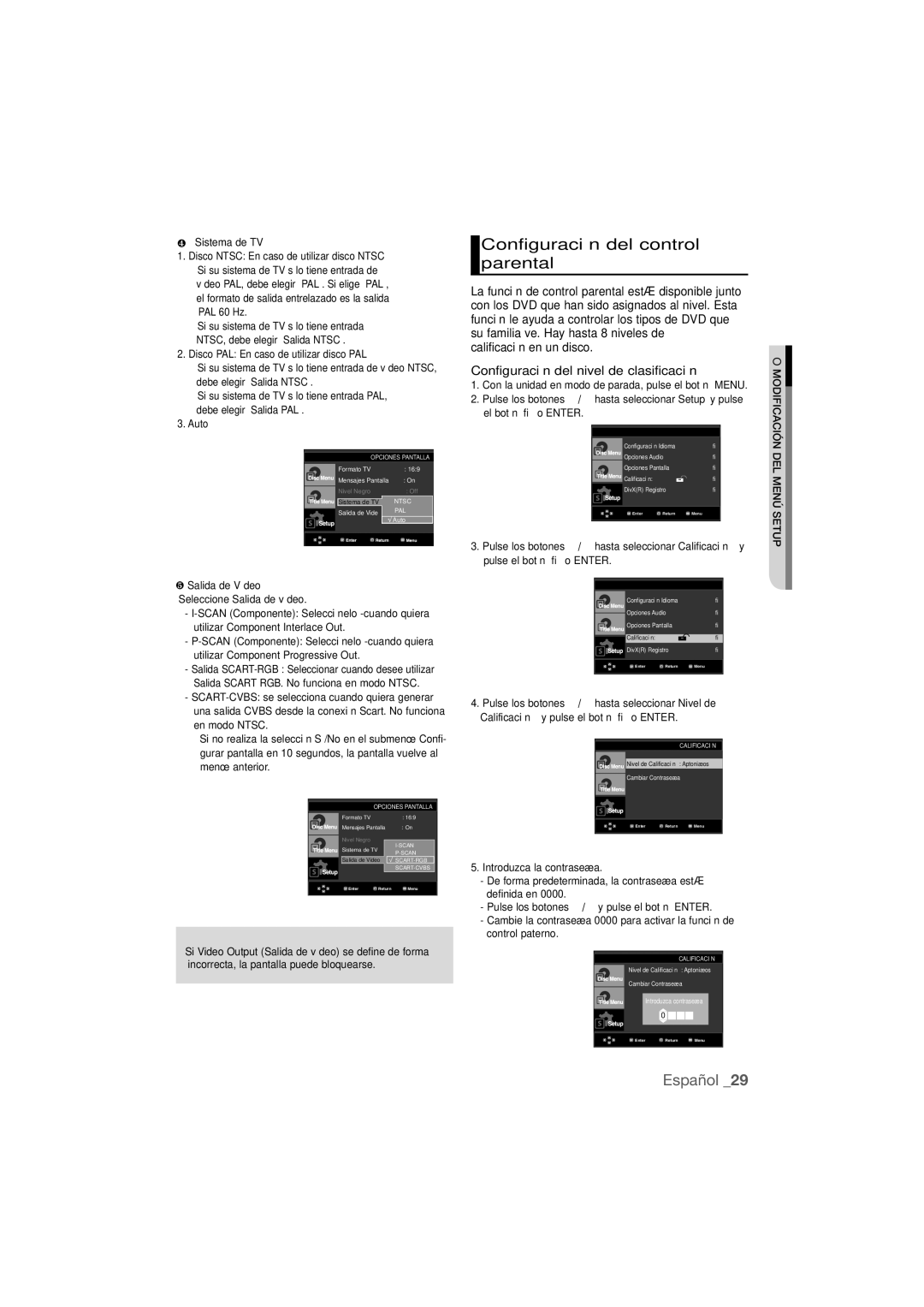 Samsung DVD-P390/MEA manual Configuración del control parental, Configuración del nivel de clasificación, ❹ Sistema de TV 