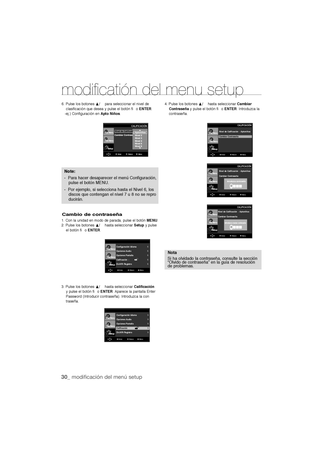 Samsung DVD-P390/XEC, DVD-P390/MEA manual Cambio de contraseña, Ej. Configuración en Apto Niños Contraseña 