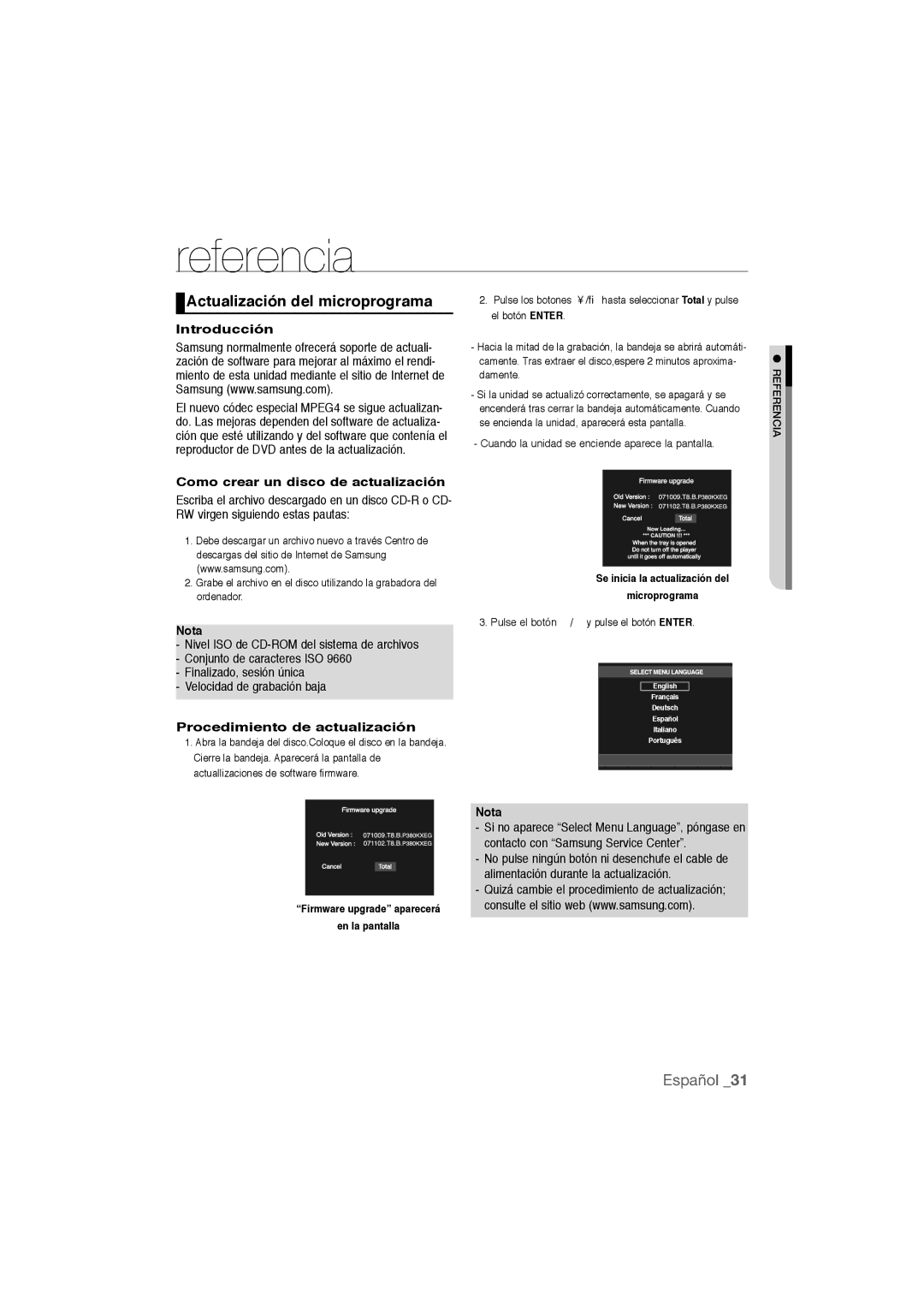 Samsung DVD-P390/MEA manual Referencia, Actualización del microprograma, Introducción, Como crear un disco de actualización 