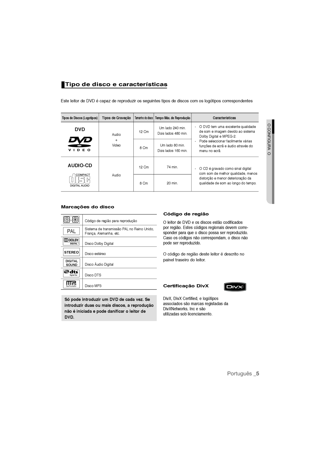 Samsung DVD-P390/MEA manual Tipo de disco e características, Marcações do disco, Código de região, Certificação DivX 