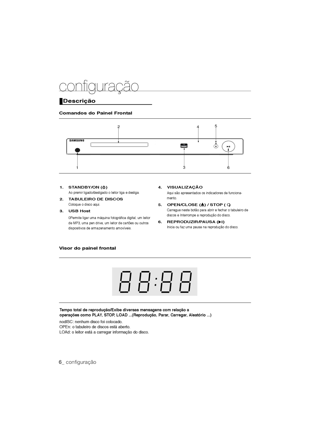 Samsung DVD-P390/XEC, DVD-P390/MEA manual Descrição, Comandos do Painel Frontal, Standby/On, Visualização, Reproduzir/Pausa 