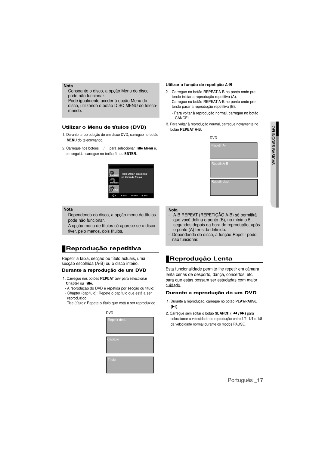 Samsung DVD-P390/MEA, DVD-P390/XEC manual Reprodução repetitiva, Reprodução Lenta, Utilizar o Menu de títulos DVD 