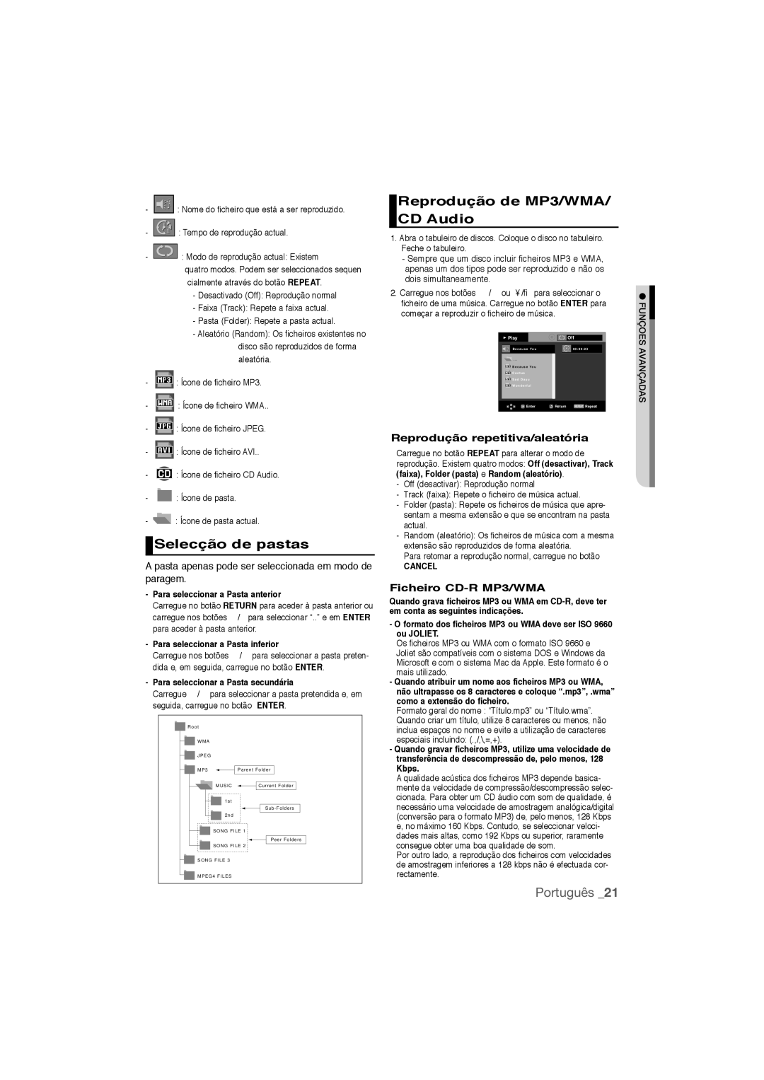 Samsung DVD-P390/MEA, DVD-P390/XEC Selecção de pastas, Reprodução de MP3/WMA/ CD Audio, Reprodução repetitiva/aleatória 