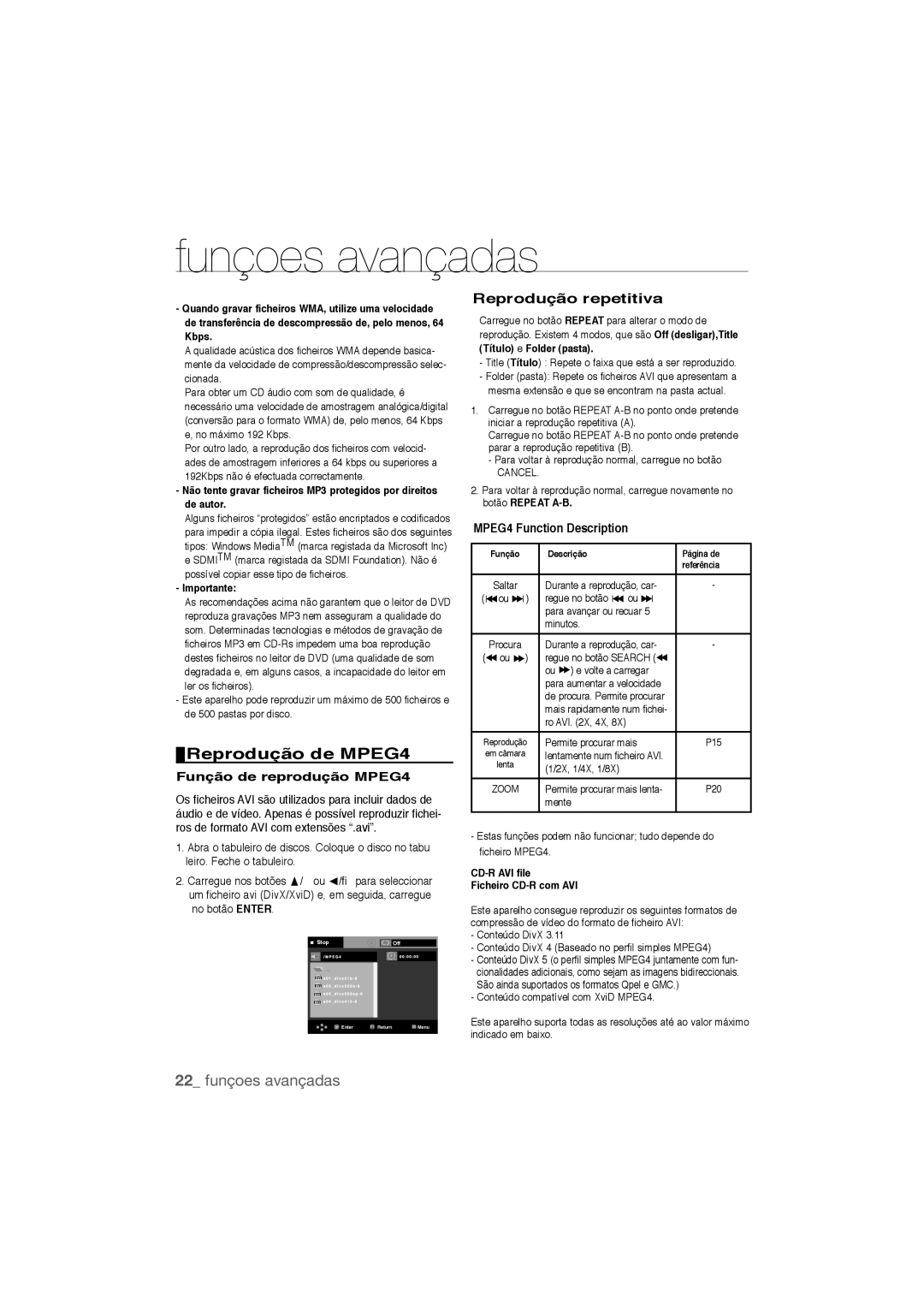 Samsung DVD-P390/XEC manual Reprodução de MPEG4, 22 funçoes avançadas, Reprodução repetitiva, Função de reprodução MPEG4 