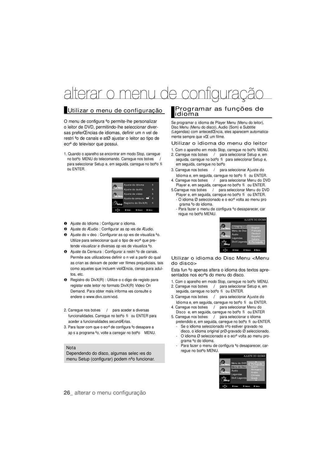 Samsung DVD-P390/XEC manual Utilizar o menu de configuração, Programar as funções de idioma, Alterar o menu conﬁguração 