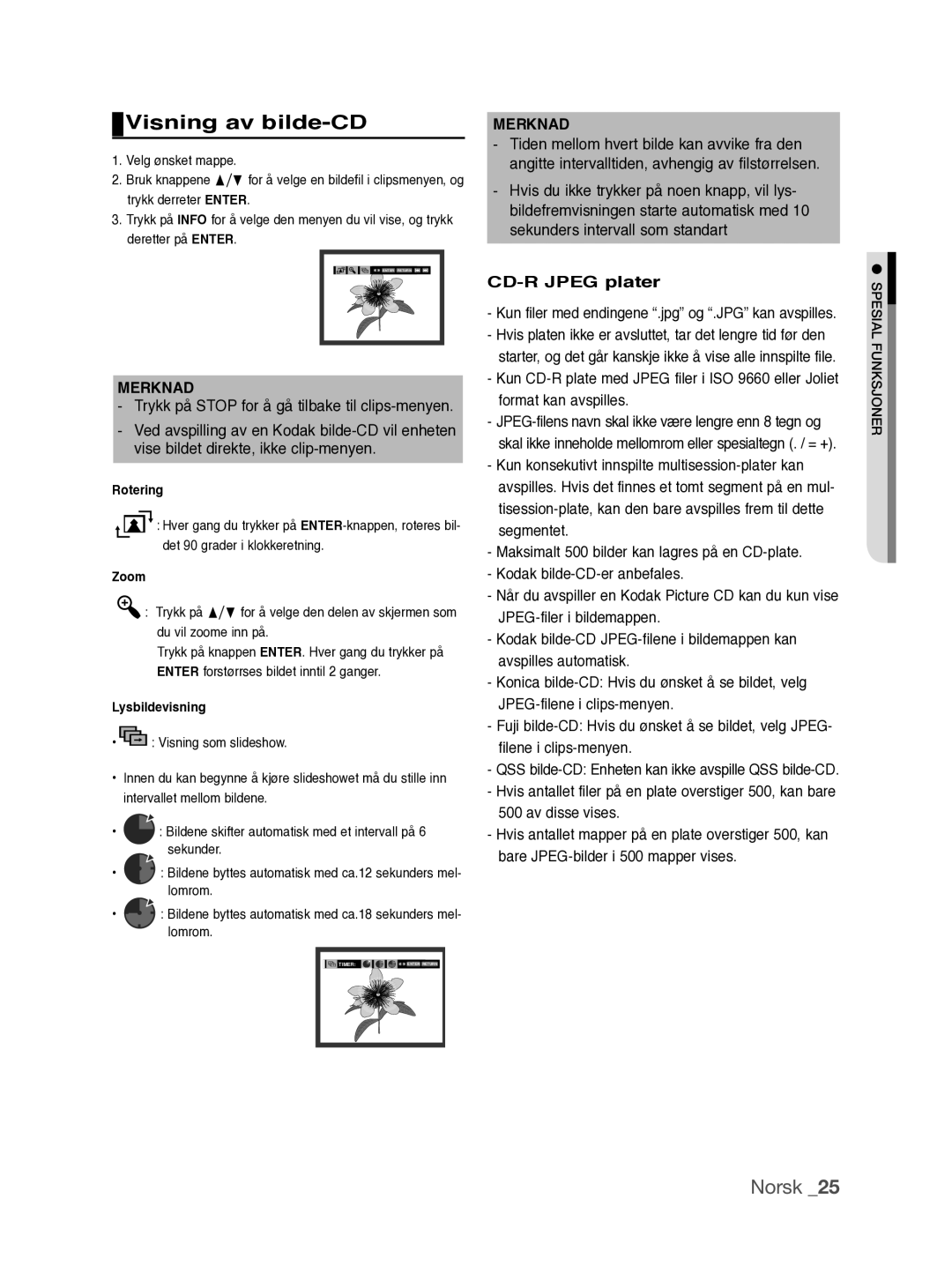 Samsung DVD-P390/XEE manual Visning av bilde-CD, CD-R Jpeg plater, Lysbildevisning 