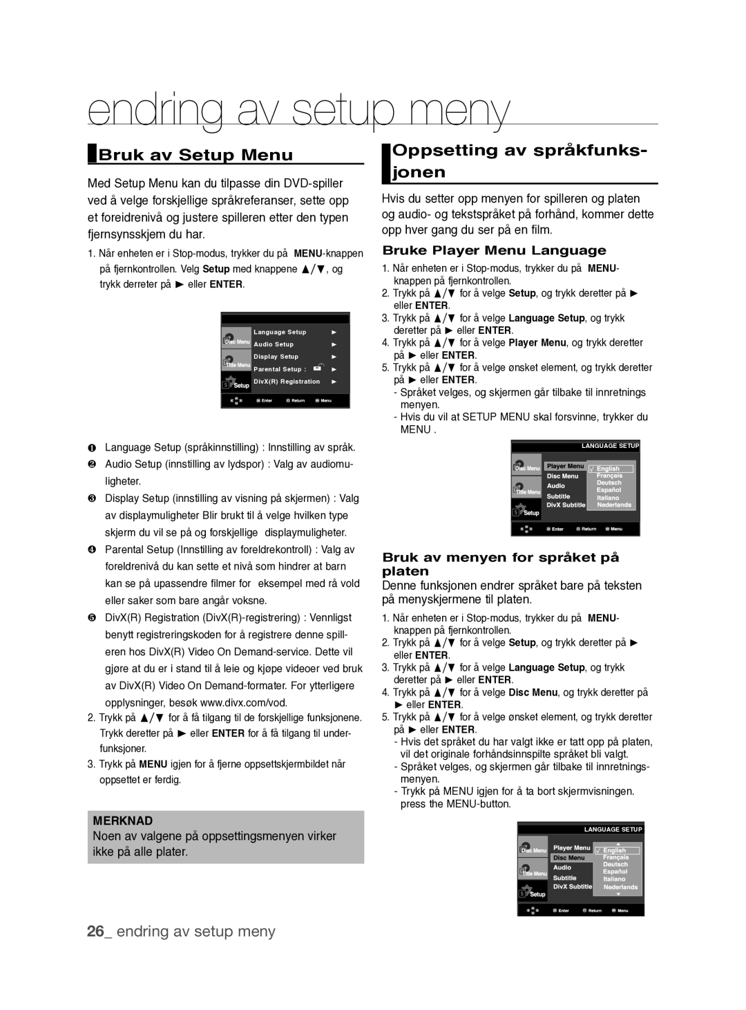 Samsung DVD-P390/XEE manual Endring av setup meny, Bruk av Setup Menu, Oppsetting av språkfunks- jonen 