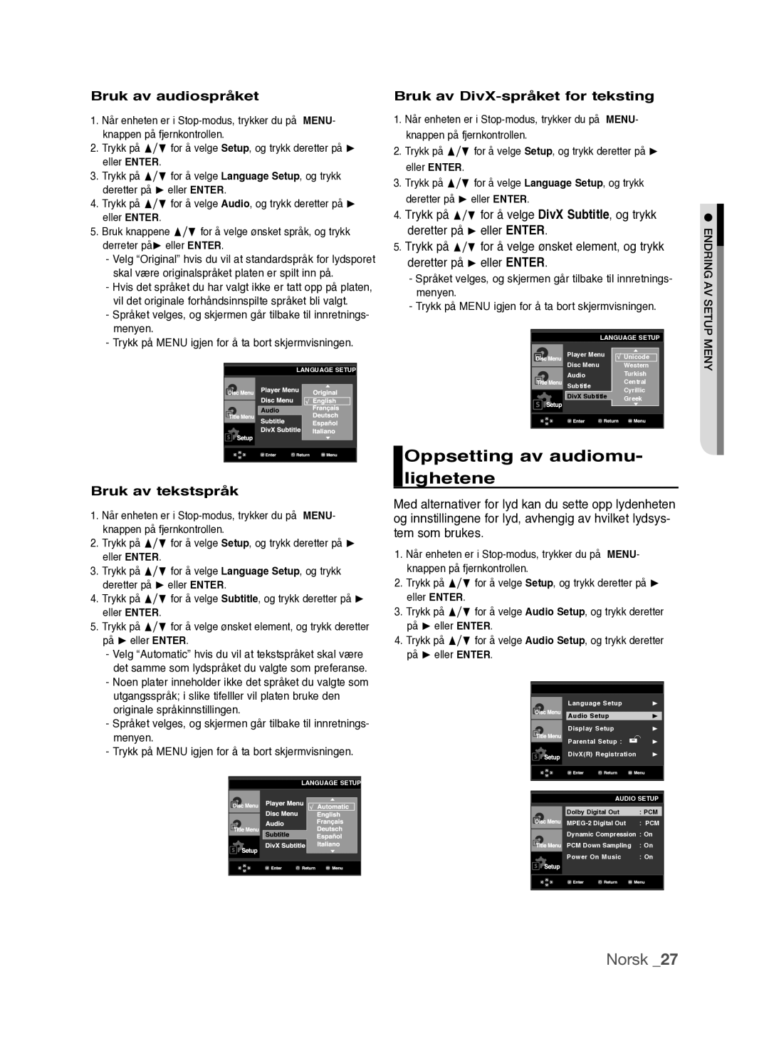 Samsung DVD-P390/XEE manual Oppsetting av audiomu- lighetene, Bruk av audiospråket, Bruk av tekstspråk 