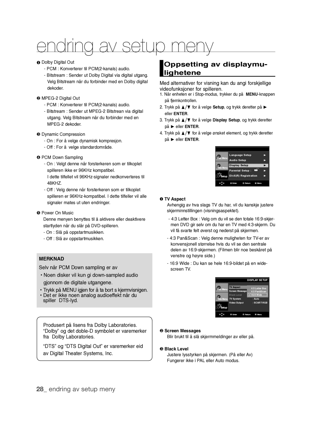 Samsung DVD-P390/XEE manual Oppsetting av displaymu- lighetene, Blir brukt til å slå skjermmeldinger av eller på 