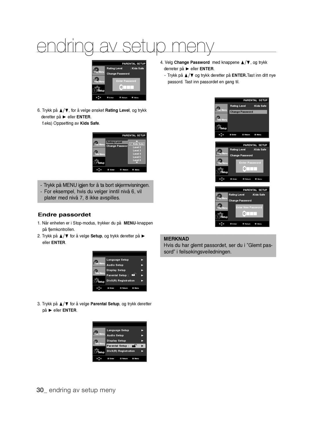 Samsung DVD-P390/XEE manual Endre passordet 