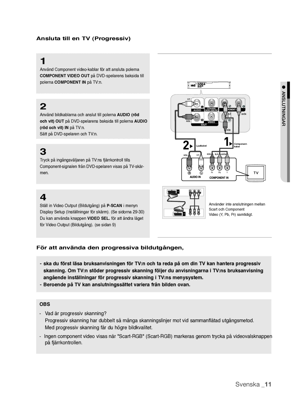 Samsung DVD-P390/XEE manual Svenska, Ansluta till en TV Progressiv, För att använda den progressiva bildutgången 