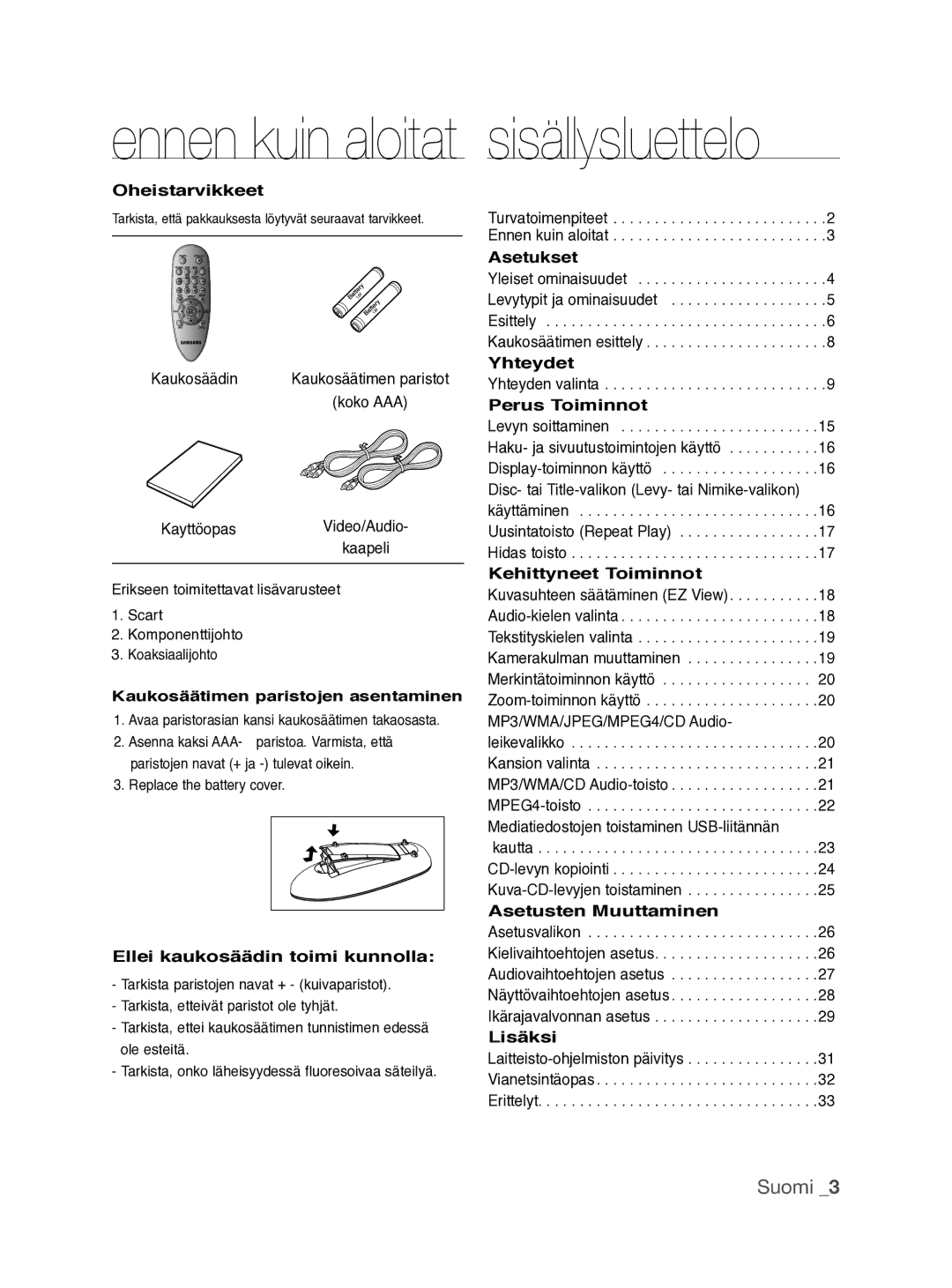 Samsung DVD-P390/XEE manual Sisällysluettelo, Suomi  