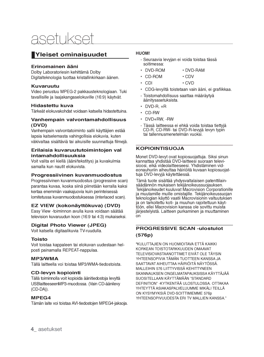 Samsung DVD-P390/XEE manual Asetukset, Yleiset ominaisuudet,  asetukset 