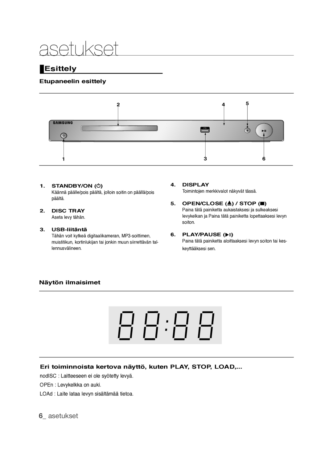 Samsung DVD-P390/XEE manual Esittely, Etupaneelin esittely, USB-liitäntä, Toimintojen merkkivalot näkyvät tässä 