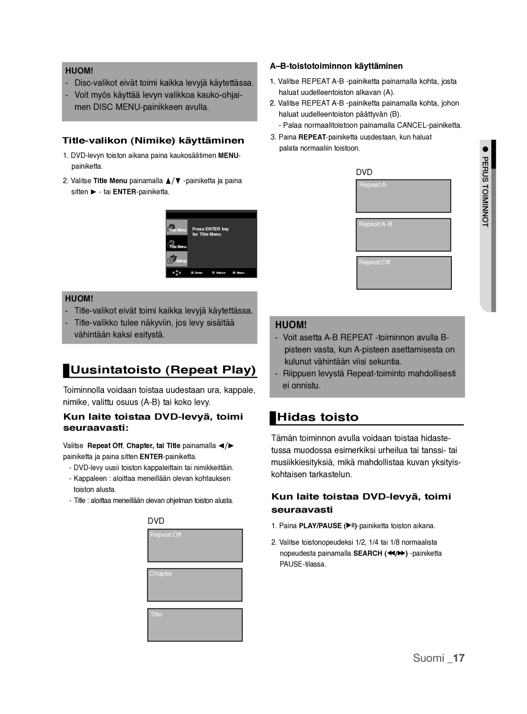 Samsung DVD-P390/XEE manual Uusintatoisto Repeat Play, Hidas toisto, Title-valikon Nimike käyttäminen 