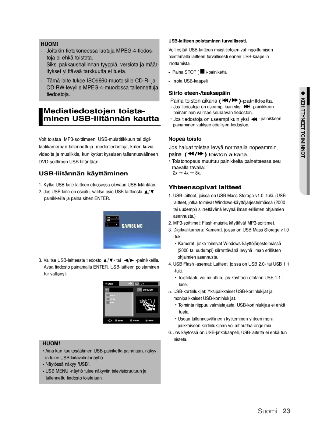 Samsung DVD-P390/XEE manual Mediatiedostojen toista- minen USB-liitännän kautta, USB-liitännän käyttäminen, Nopea toisto 