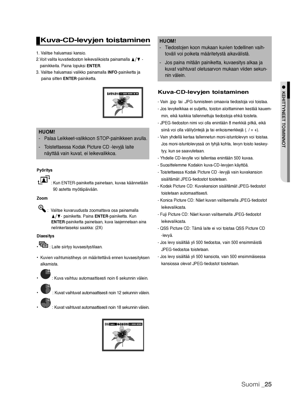 Samsung DVD-P390/XEE manual Kuva-CD-levyjen toistaminen, Pyöritys, Diaesitys 