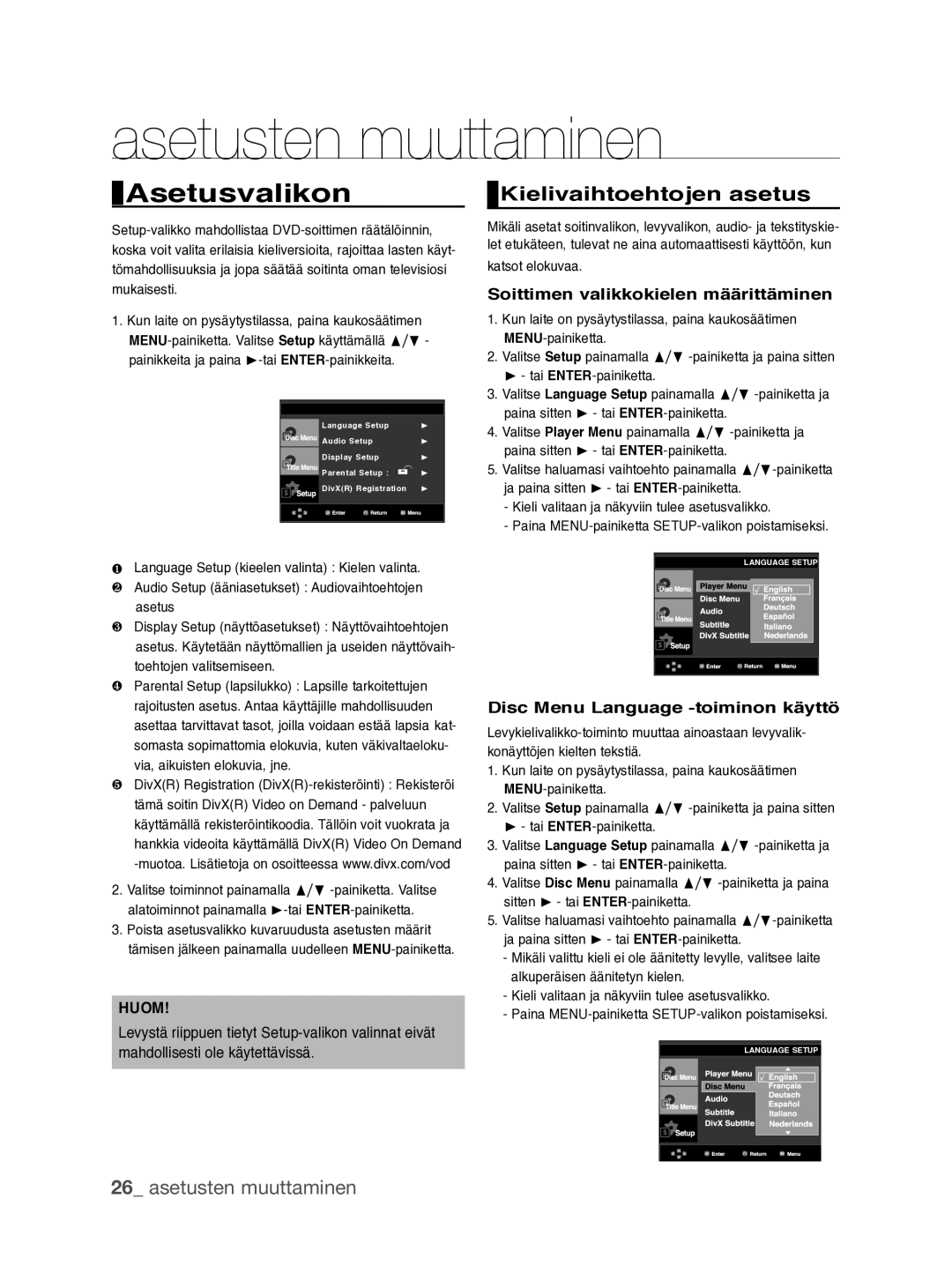 Samsung DVD-P390/XEE manual Asetusten muuttaminen, Kielivaihtoehtojen asetus, Soittimen valikkokielen määrittäminen 