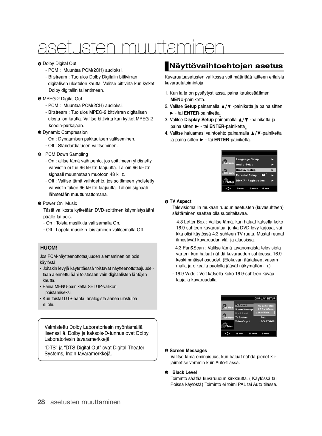 Samsung DVD-P390/XEE manual Näyttövaihtoehtojen asetus, ❶ TV Aspect 