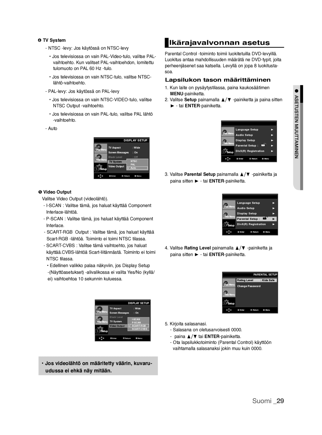 Samsung DVD-P390/XEE manual Ikärajavalvonnan asetus, Lapsilukon tason määrittäminen 