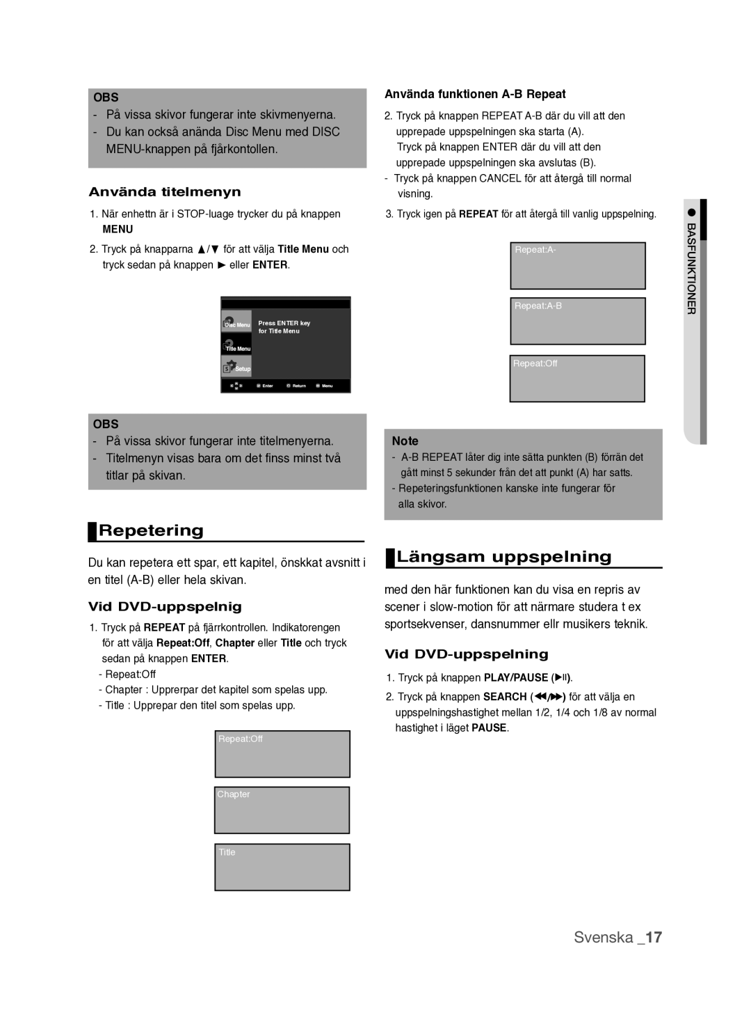 Samsung DVD-P390/XEE manual Repetering, Längsam uppspelning 