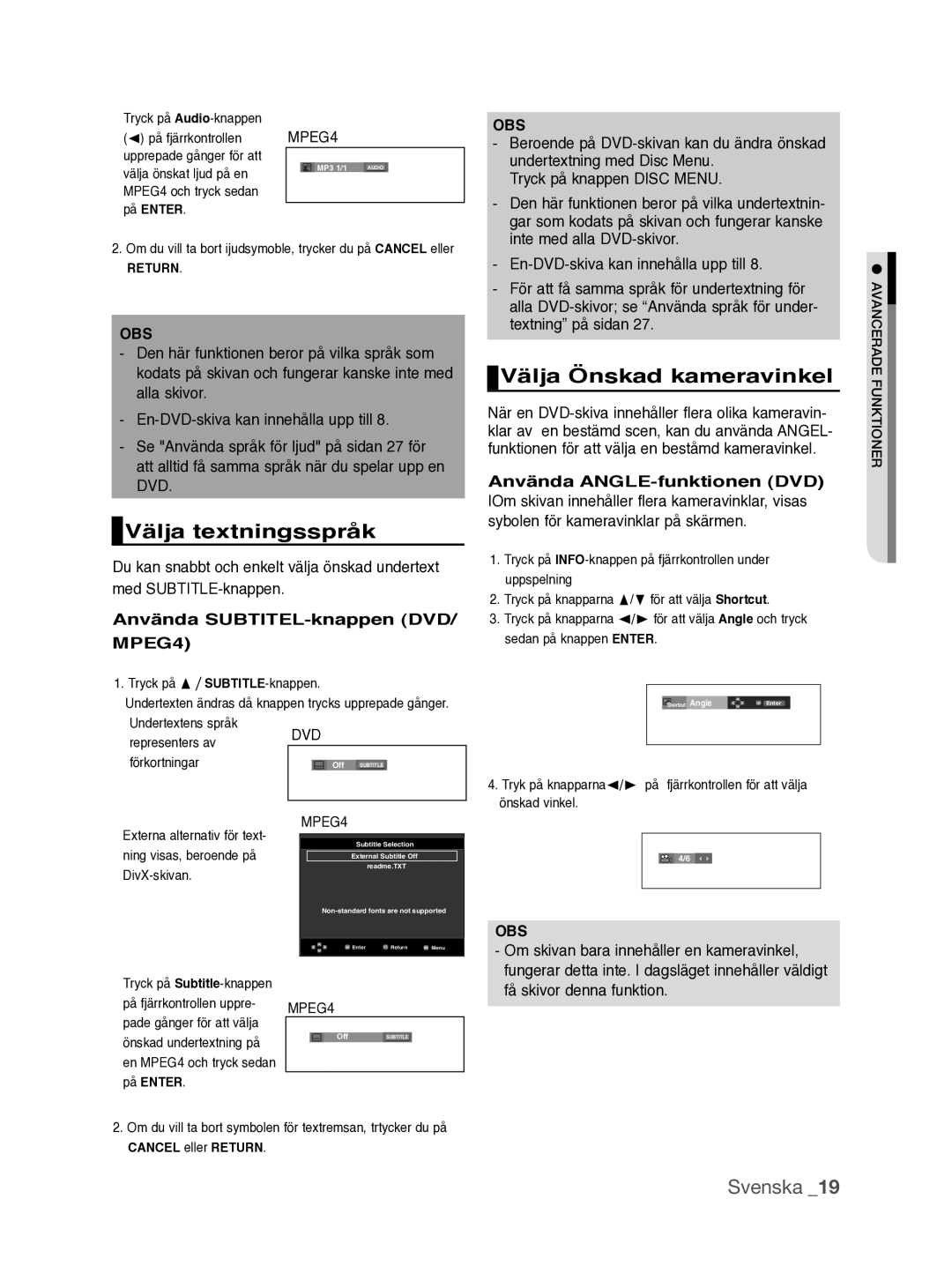 Samsung DVD-P390/XEE manual Välja textningsspråk, Välja Önskad kameravinkel, Använda SUBTITEL-knappen DVD/ MPEG4, På Enter 