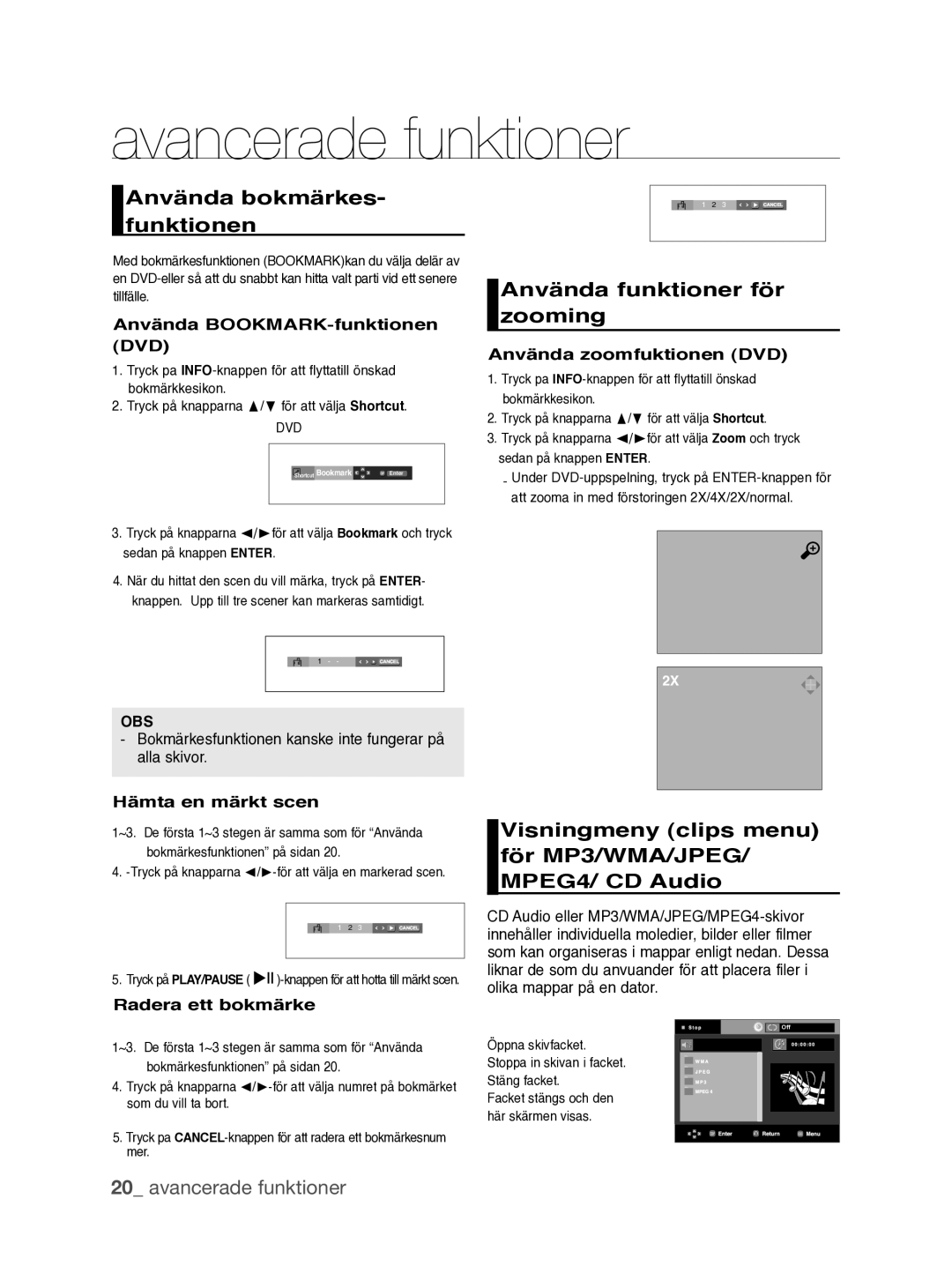 Samsung DVD-P390/XEE manual Använda bokmärkes- funktionen, Använda funktioner för zooming 