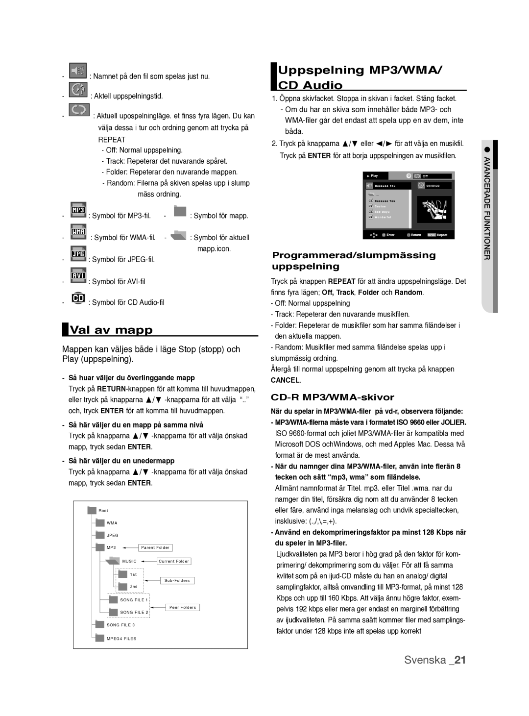 Samsung DVD-P390/XEE manual Val av mapp, Uppspelning MP3/WMA/ CD Audio, Programmerad/slumpmässing uppspelning 