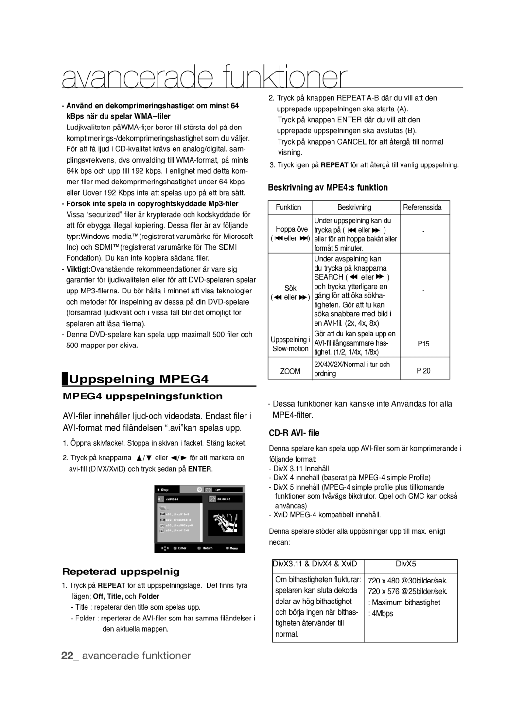 Samsung DVD-P390/XEE manual Uppspelning MPEG4, MPEG4 uppspelningsfunktion, Beskrivning av MPE4s funktion, CD-R AVI- file 