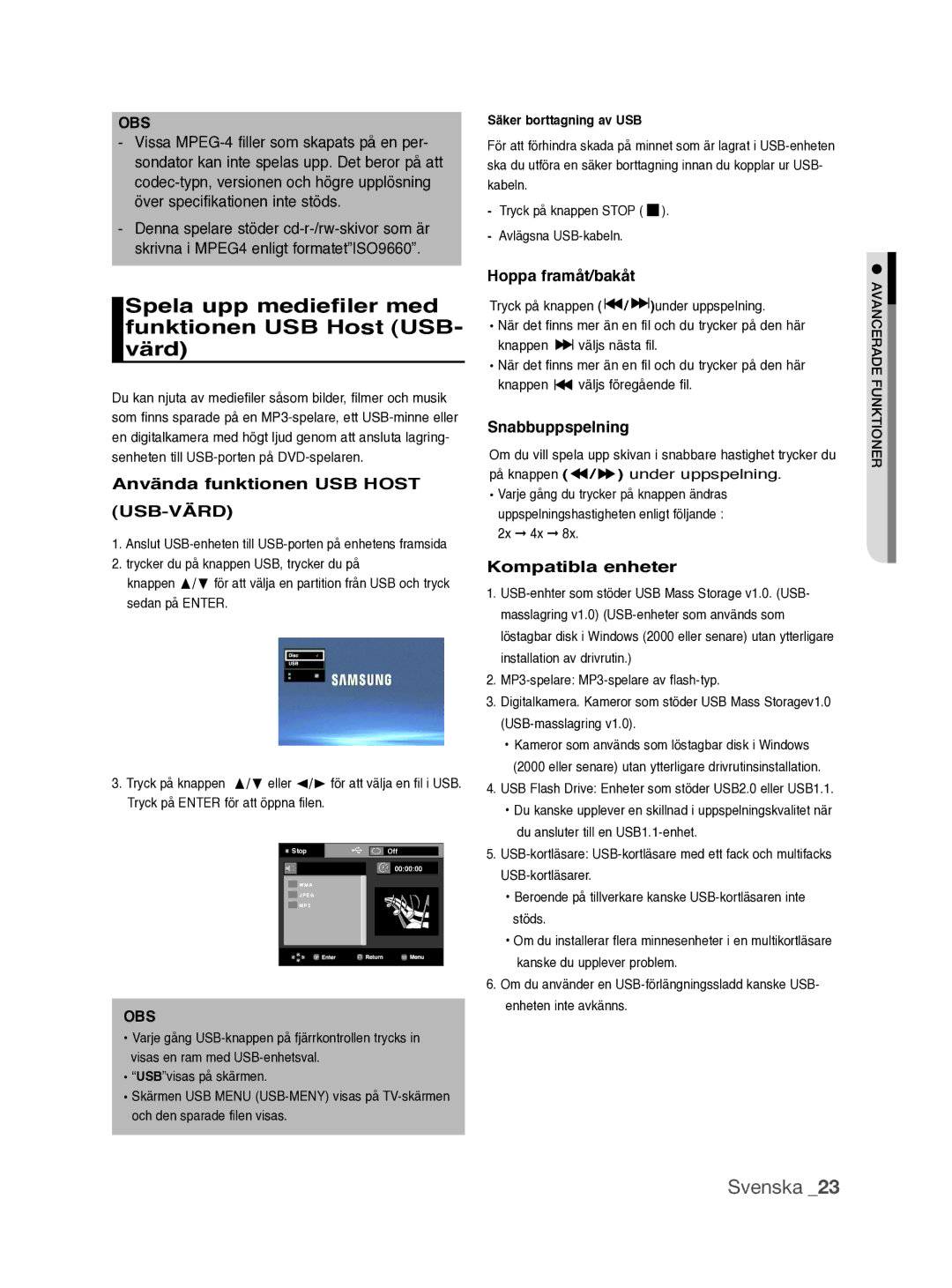 Samsung DVD-P390/XEE manual Spela upp mediefiler med funktionen USB Host USB- värd, Använda funktionen USB Host USB-VÄRD 