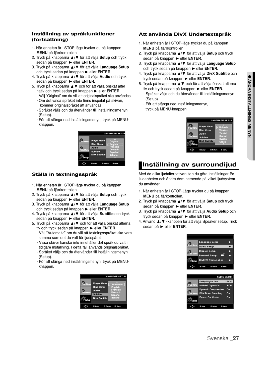 Samsung DVD-P390/XEE Inställning av surroundijud, Inställning av språkfunktioner fortsättning, Ställa in textningsspråk 