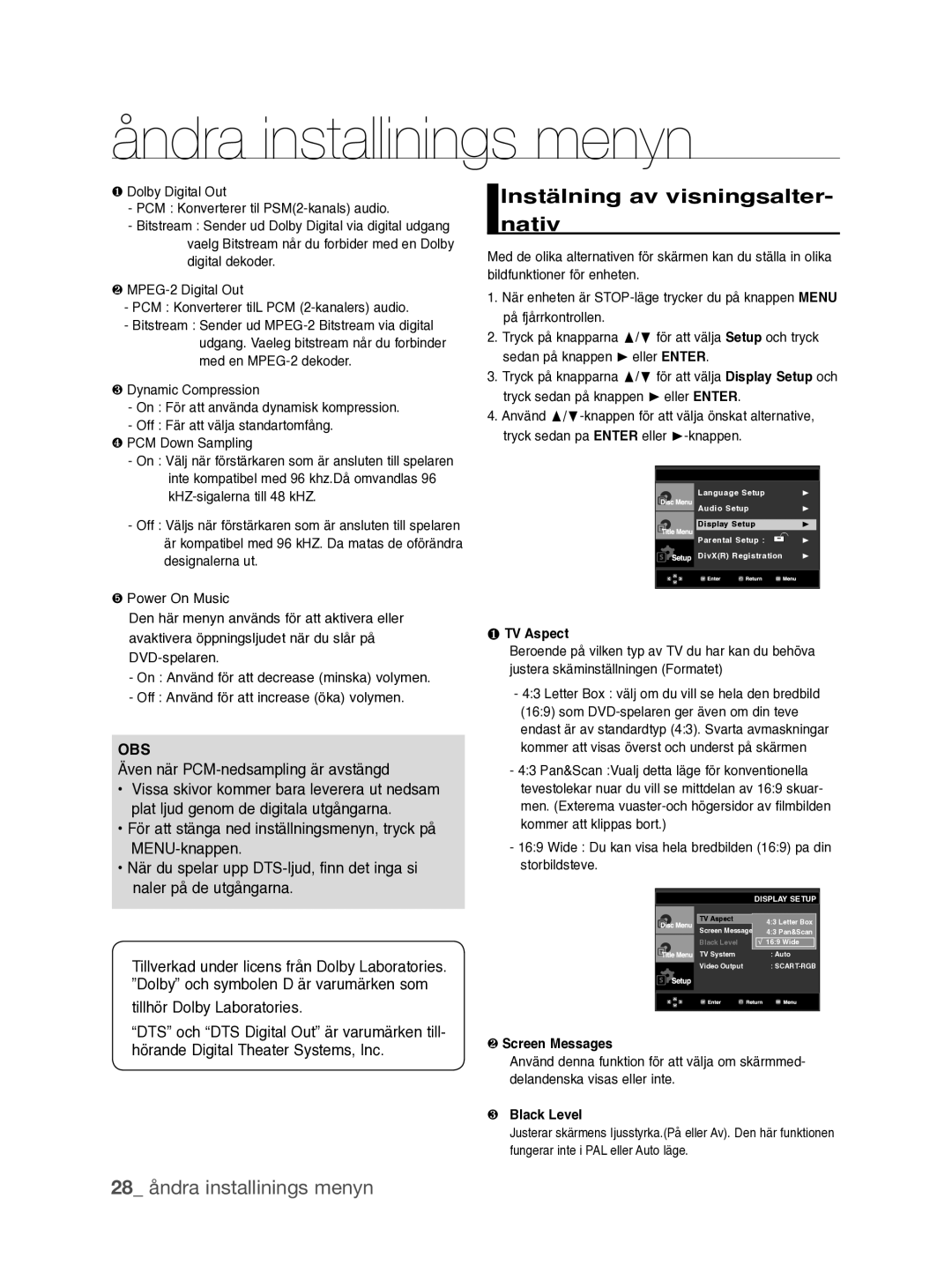 Samsung DVD-P390/XEE manual Instälning av visningsalter- nativ, 28 åndra installinings menyn 