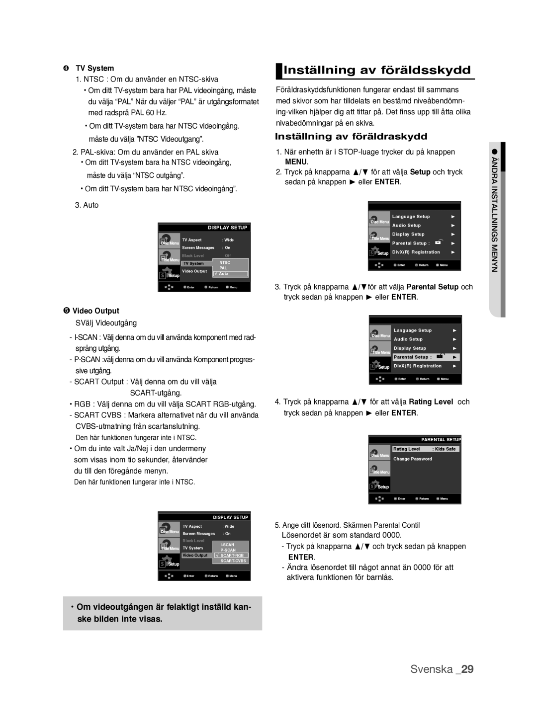 Samsung DVD-P390/XEE manual Inställning av föräldsskydd, Inställning av föräldraskydd, ❹ TV System 