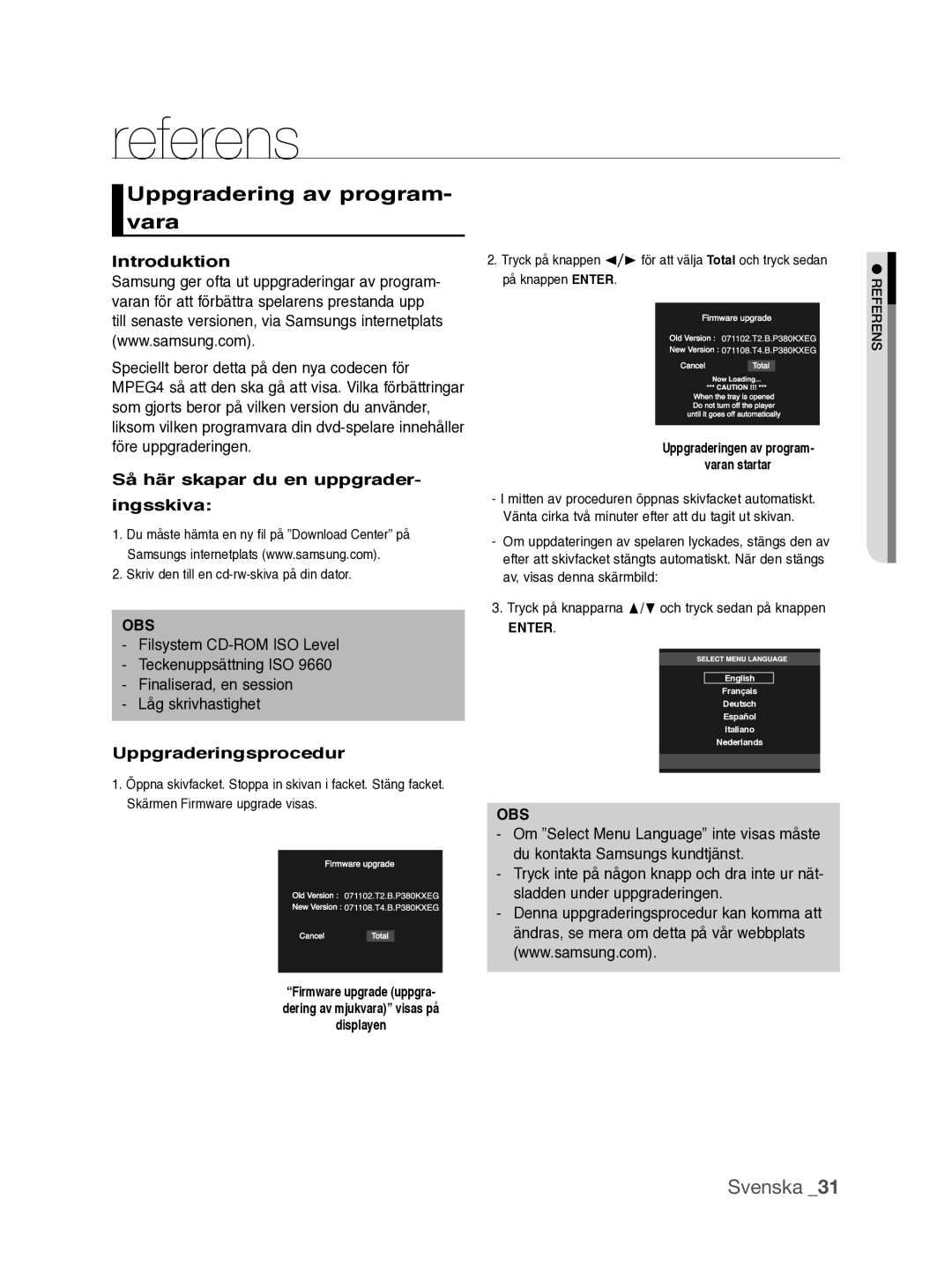 Samsung DVD-P390/XEE manual Referens, Uppgradering av program- vara, Introduktion, Så här skapar du en uppgrader- ingsskiva 